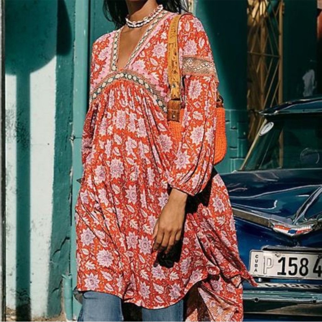 Free People Red Floral Maxi Top V-Neck Dress S